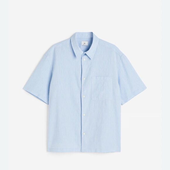 NEW! H&M Relaxed Fit Linen Blend Button Up Shirt Blue Men's SZ 2XL - Picture 1 of 7